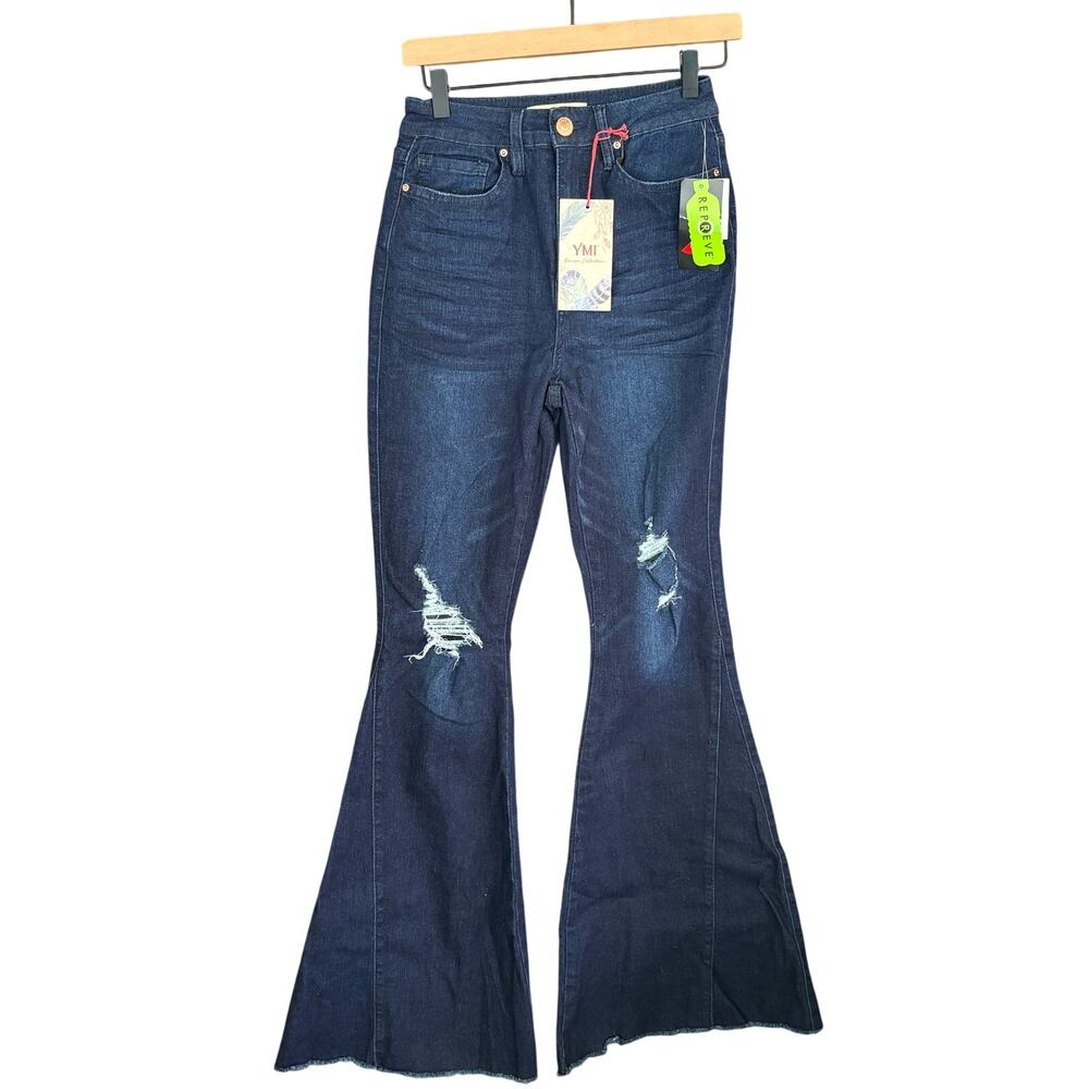 YMI Super Flare Jeans 29 8 NWT Wide Leg Dark Wash Distressed Boot cut
